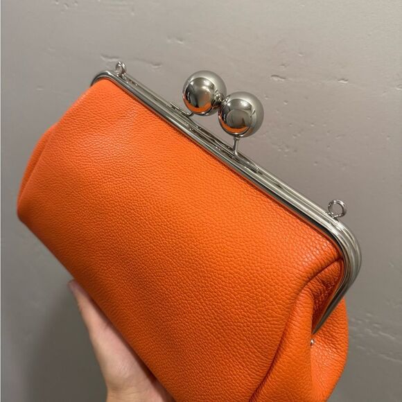 Orange Pebble Leather Handmade Large Balls Kiss Lock Handbag/ Multi Use Style - Picture 13 of 16